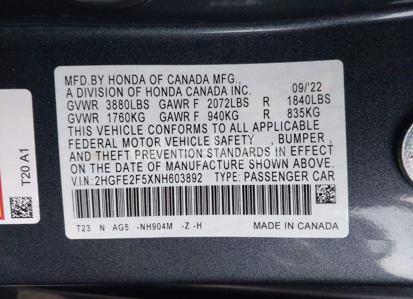 Photo 9 of 2022 Honda Civic SPORT (VIN 2HGFE2F5XNH603892)