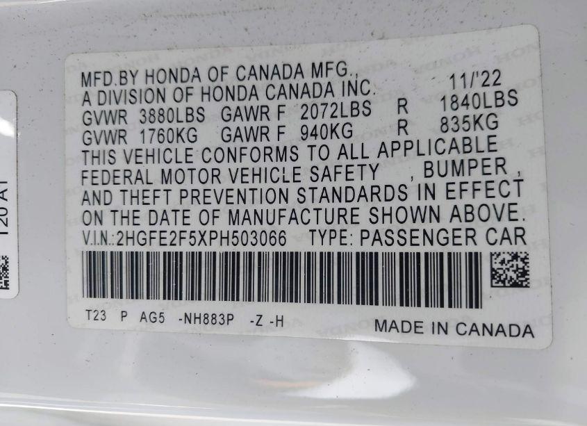 Photo 9 of 2023 Honda Civic SPORT (VIN 2HGFE2F5XPH503066)