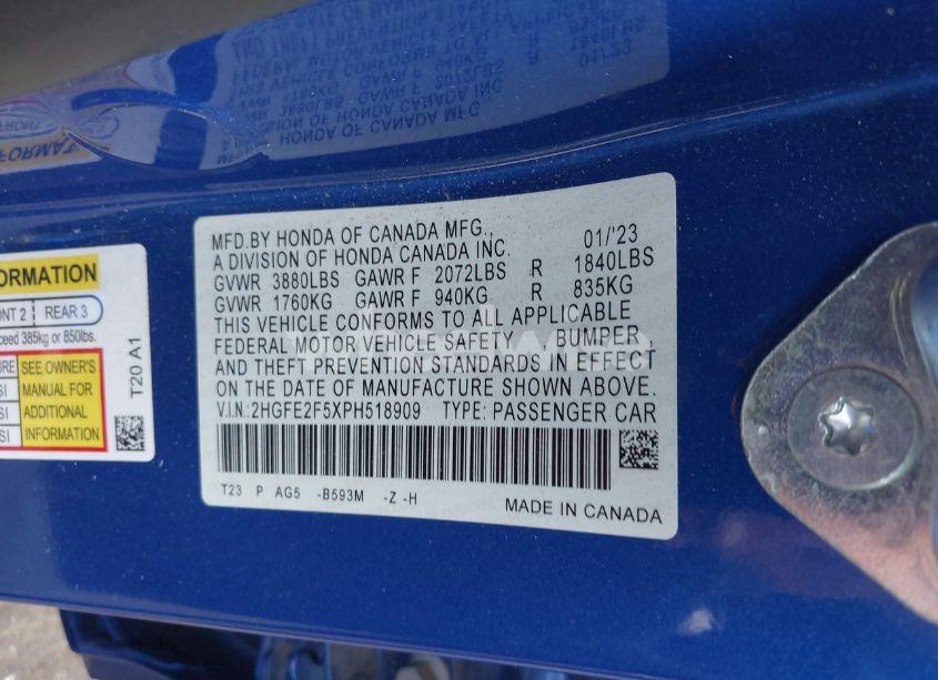 Photo 9 of 2023 Honda Civic SPORT (VIN 2HGFE2F5XPH518909)