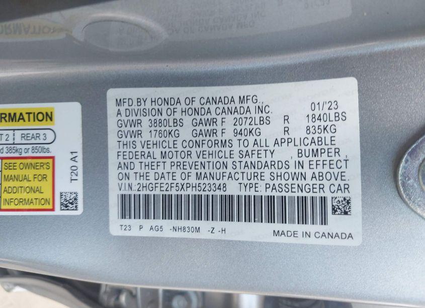 Photo 9 of 2023 Honda Civic SPORT (VIN 2HGFE2F5XPH523348)