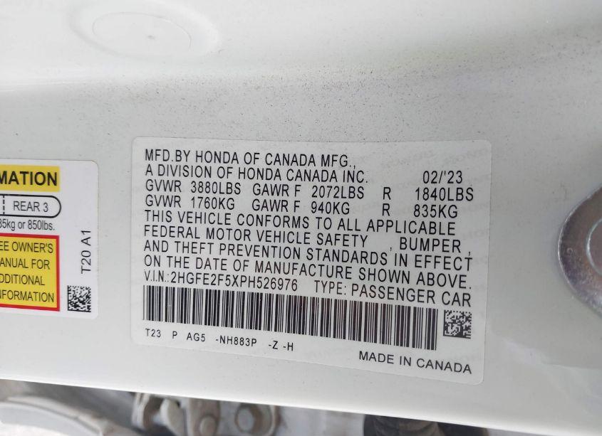 Photo 9 of 2023 Honda Civic SPORT (VIN 2HGFE2F5XPH526976)