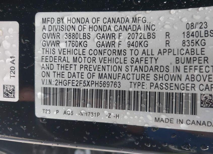 Photo 9 of 2023 Honda Civic SPORT (VIN 2HGFE2F5XPH569763)