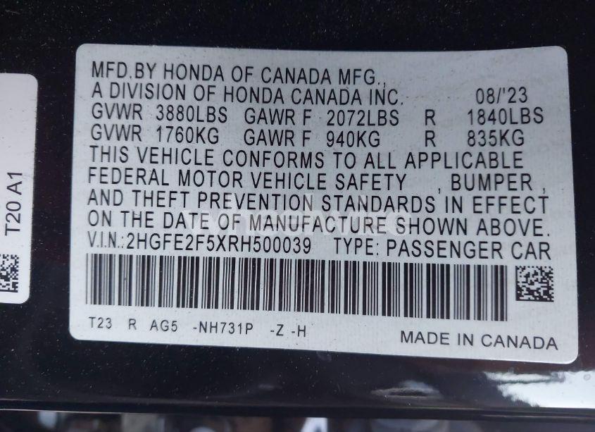 Photo 9 of 2024 Honda Civic SPORT (VIN 2HGFE2F5XRH500039)