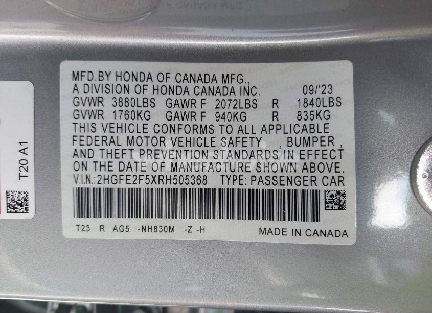 Photo 9 of 2024 Honda Civic SPORT (VIN 2HGFE2F5XRH505368)