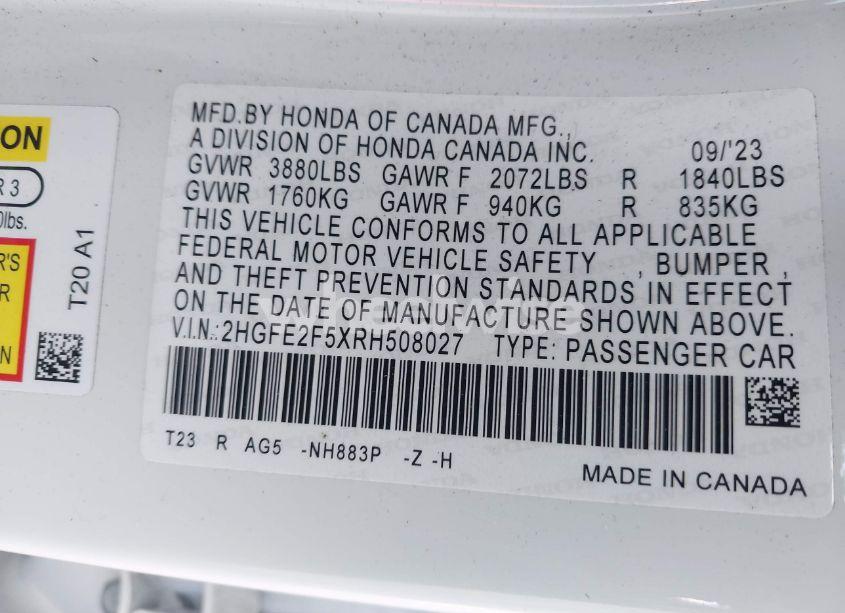 Photo 9 of 2024 Honda Civic SPORT (VIN 2HGFE2F5XRH508027)