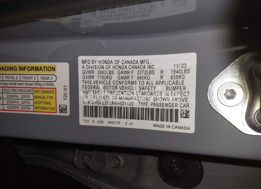 Photo 9 of 2024 Honda Civic SPORT (VIN 2HGFE2F5XRH521120)