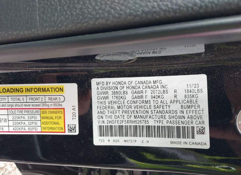 Photo 9 of 2024 Honda Civic SPORT (VIN 2HGFE2F5XRH526785)