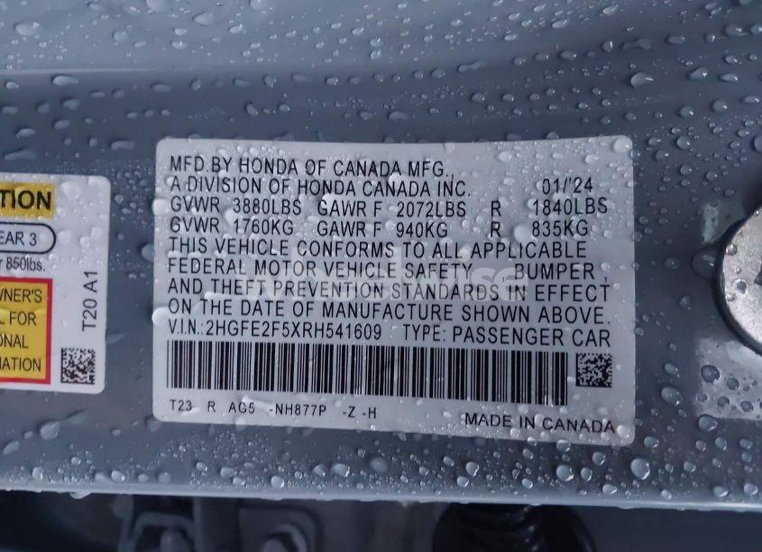 Photo 9 of 2024 Honda Civic SPORT (VIN 2HGFE2F5XRH541609)