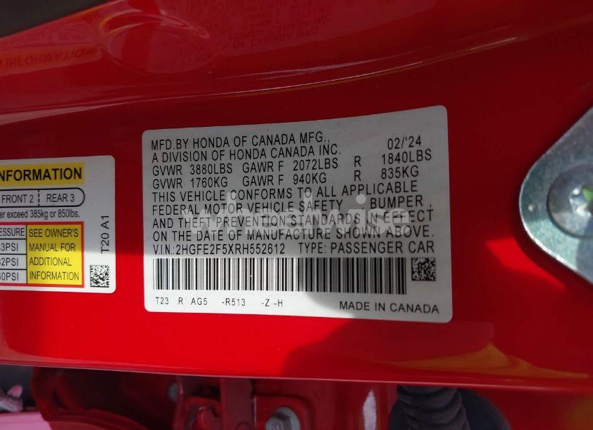 Photo 9 of 2024 Honda Civic SPORT (VIN 2HGFE2F5XRH552612)