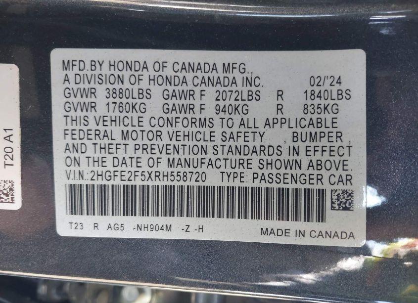 Photo 9 of 2024 Honda Civic SPORT (VIN 2HGFE2F5XRH558720)