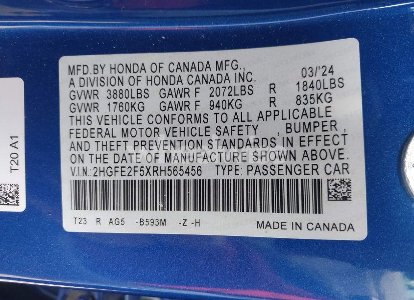 Photo 9 of 2024 Honda Civic SPORT (VIN 2HGFE2F5XRH565456)