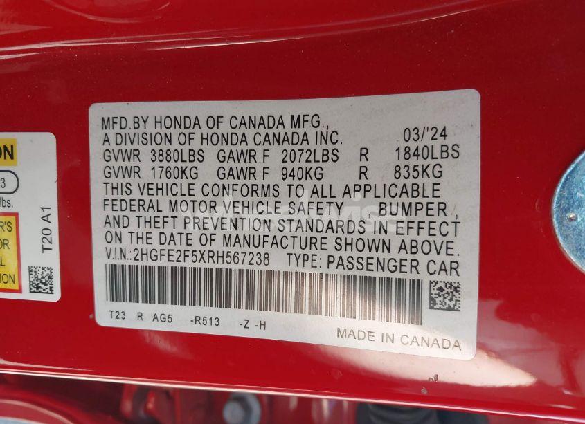 Photo 9 of 2024 Honda Civic SPORT (VIN 2HGFE2F5XRH567238)