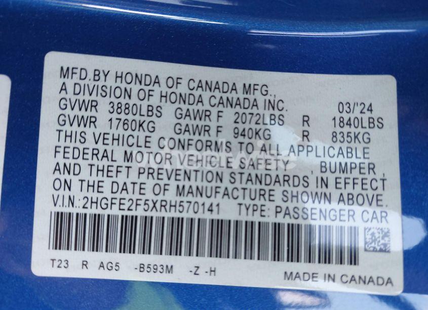 Photo 9 of 2024 Honda Civic SPORT (VIN 2HGFE2F5XRH570141)