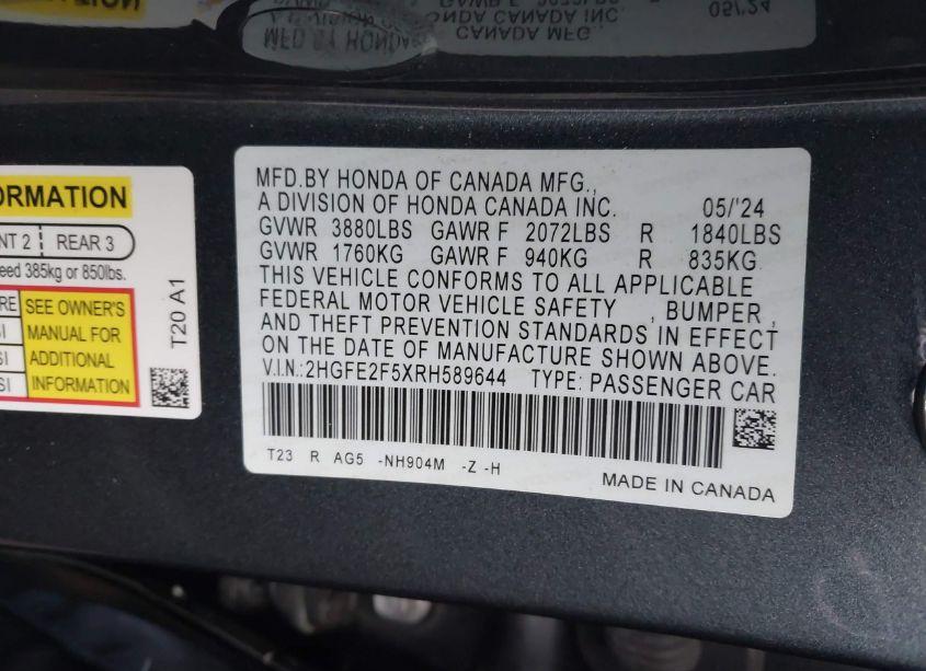 Photo 9 of 2024 Honda Civic SPORT (VIN 2HGFE2F5XRH589644)
