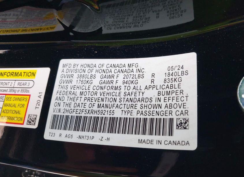 Photo 9 of 2024 Honda Civic SPORT (VIN 2HGFE2F5XRH592155)