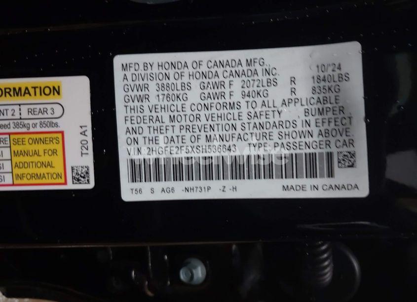 Photo 9 of 2025 Honda Civic SPORT (VIN 2HGFE2F5XSH536643)