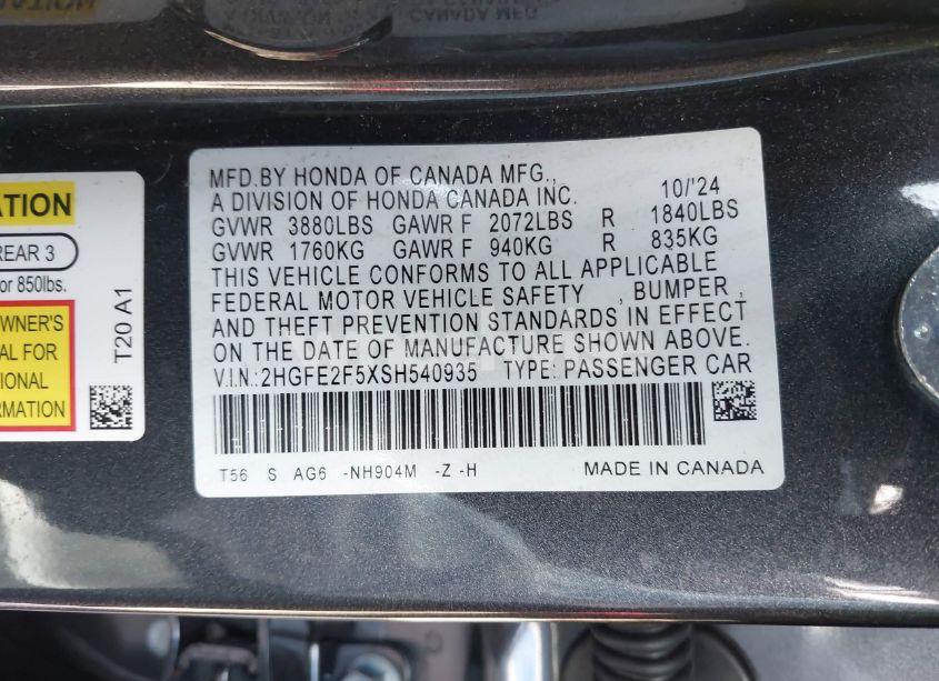 Photo 9 of 2025 Honda Civic SPORT (VIN 2HGFE2F5XSH540935)