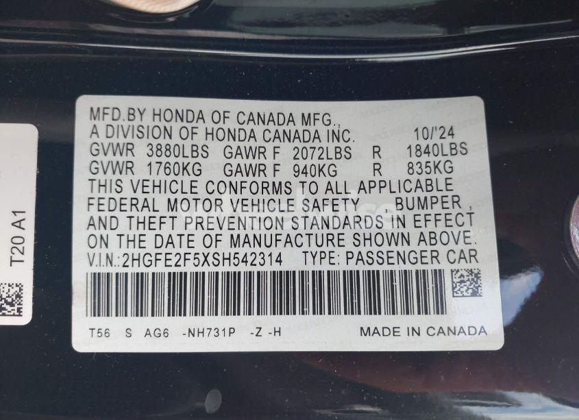 Photo 9 of 2025 Honda Civic SPORT (VIN 2HGFE2F5XSH542314)