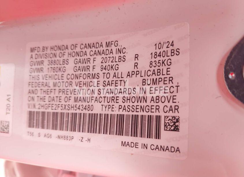 Photo 9 of 2025 Honda Civic SPORT (VIN 2HGFE2F5XSH543480)