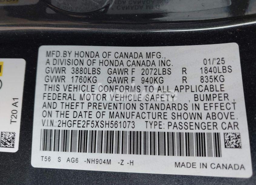 Photo 9 of 2025 Honda Civic SPORT (VIN 2HGFE2F5XSH561073)
