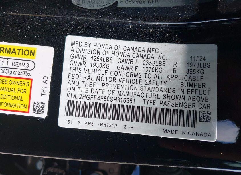 Photo 9 of 2025 Honda Civic HYBRID SPORT/SPORT TOURING (VIN 2HGFE4F80SH316661)