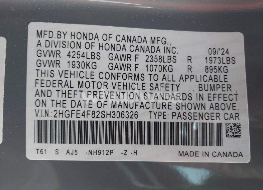 Photo 9 of 2025 Honda Civic HYBRID SPORT/SPORT TOURING (VIN 2HGFE4F82SH306326)