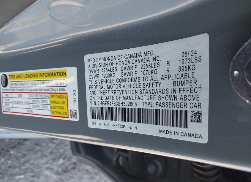 Photo 9 of 2025 Honda Civic HYBRID SPORT/SPORT TOURING (VIN 2HGFE4F83SH302608)