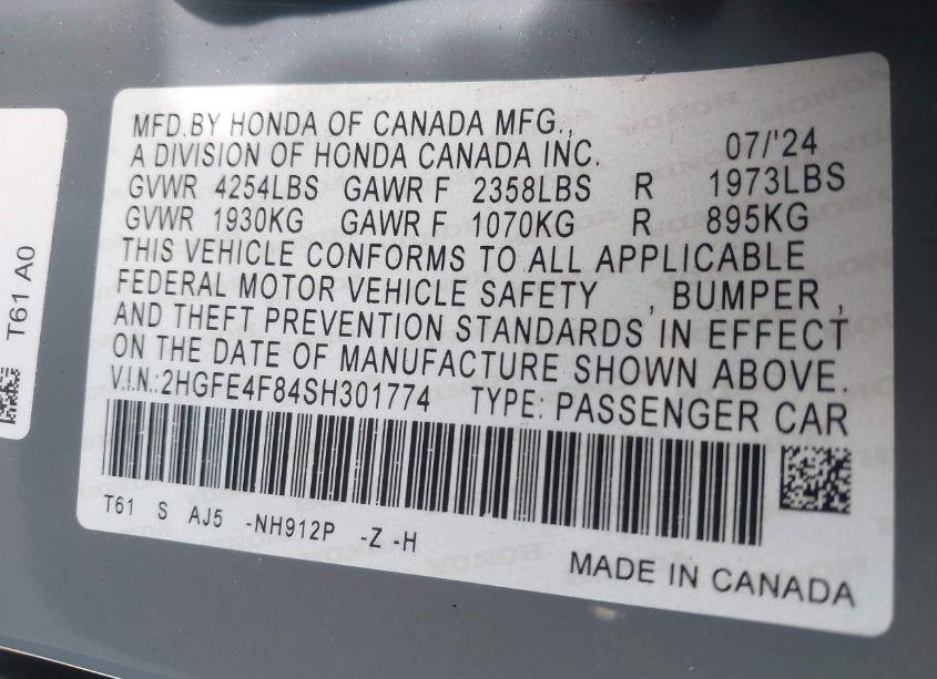 Photo 9 of 2025 Honda Civic HYBRID SPORT/SPORT TOURING (VIN 2HGFE4F84SH301774)