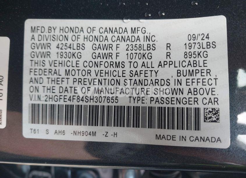 Photo 9 of 2025 Honda Civic HYBRID SPORT/SPORT TOURING (VIN 2HGFE4F84SH307655)