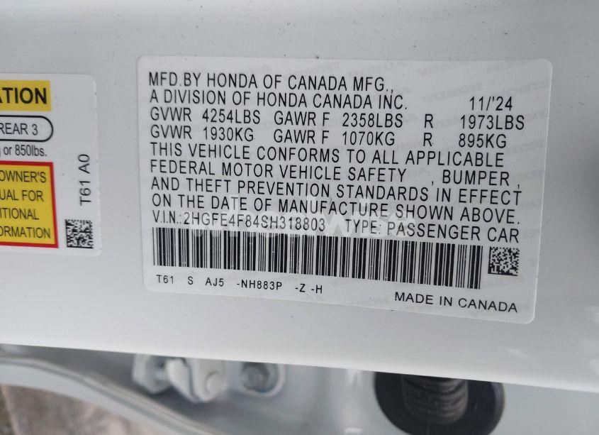 Photo 9 of 2025 Honda Civic HYBRID SPORT/SPORT TOURING (VIN 2HGFE4F84SH318803)