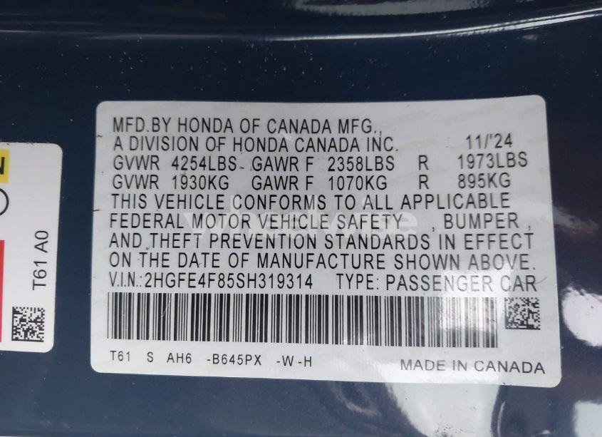 Photo 9 of 2025 Honda Civic HYBRID SPORT/SPORT TOURING (VIN 2HGFE4F85SH319314)