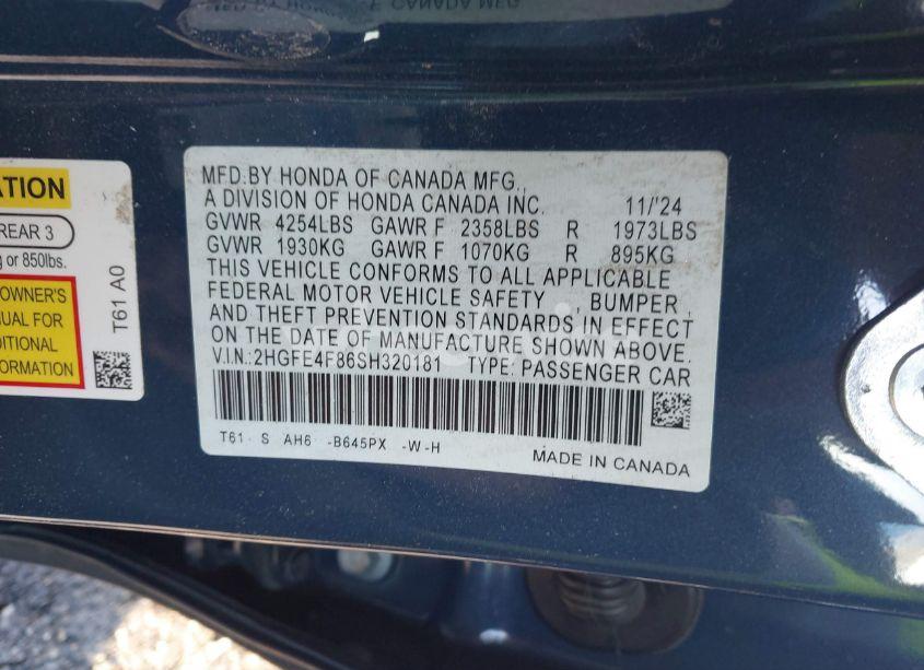 Photo 9 of 2025 Honda Civic N/A (VIN 2HGFE4F86SH320181)