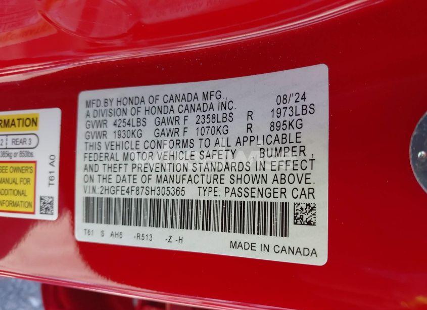 Photo 9 of 2025 Honda Civic HYBRID SPORT/SPORT TOURING (VIN 2HGFE4F87SH305365)