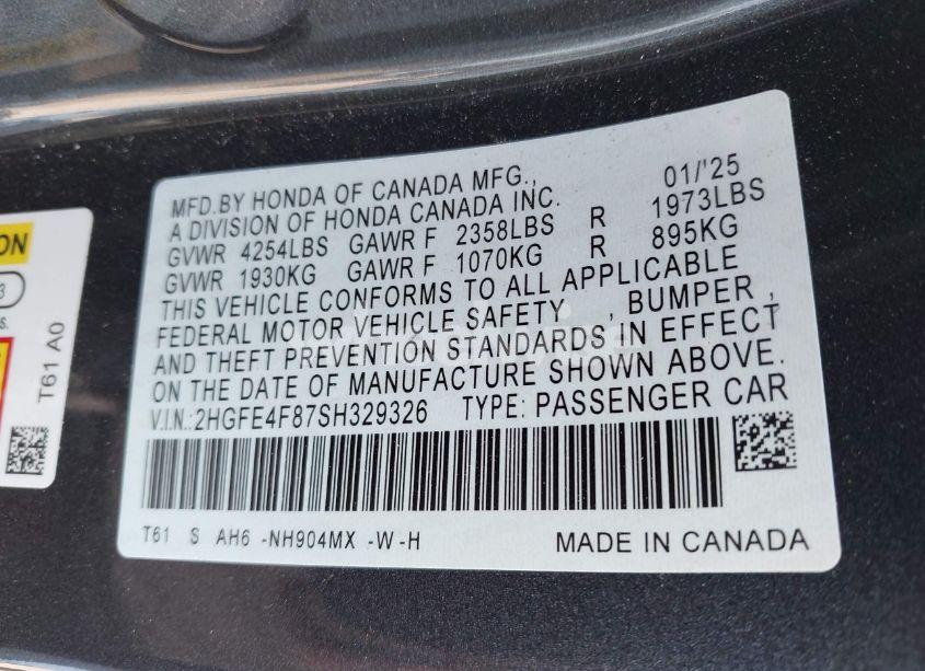 Photo 9 of 2025 Honda Civic HYBRID SPORT/SPORT TOURING (VIN 2HGFE4F87SH329326)