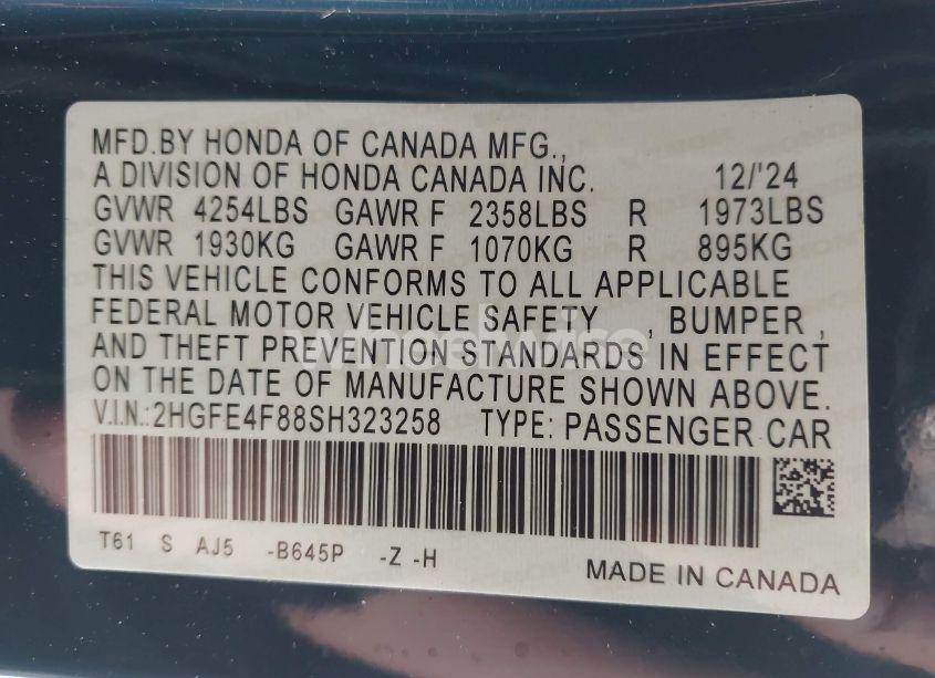 Photo 9 of 2025 Honda Civic HYBRID SPORT/SPORT TOURING (VIN 2HGFE4F88SH323258)