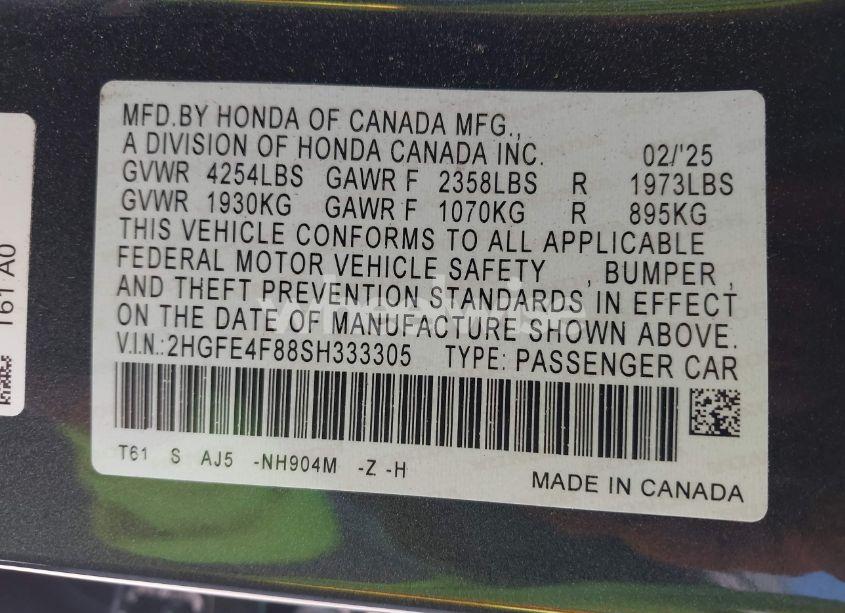 Photo 9 of 2025 Honda Civic HYBRID SPORT/SPORT TOURING (VIN 2HGFE4F88SH333305)