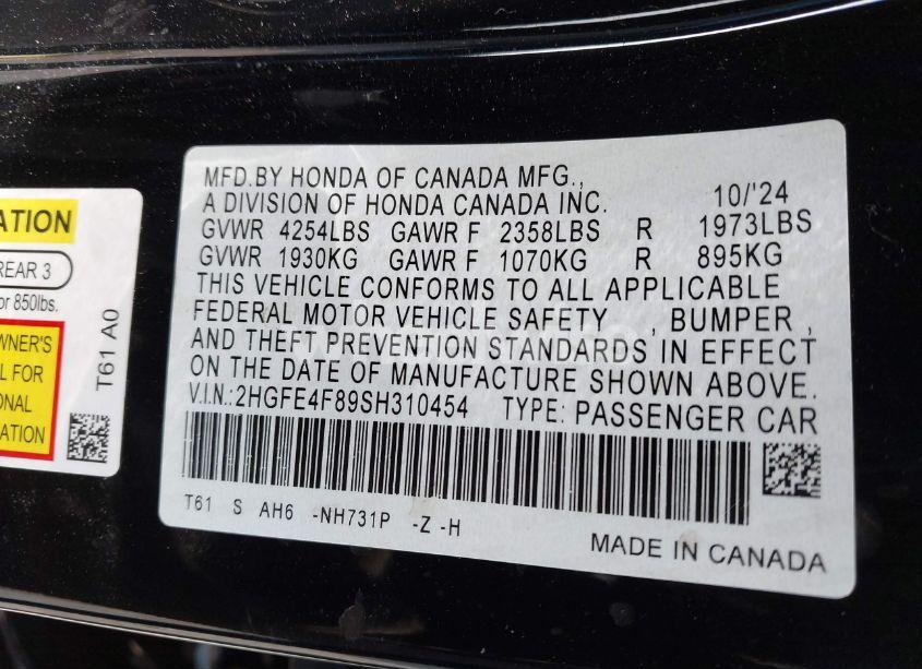 Photo 9 of 2025 Honda Civic HYBRID SPORT/SPORT TOURING (VIN 2HGFE4F89SH310454)