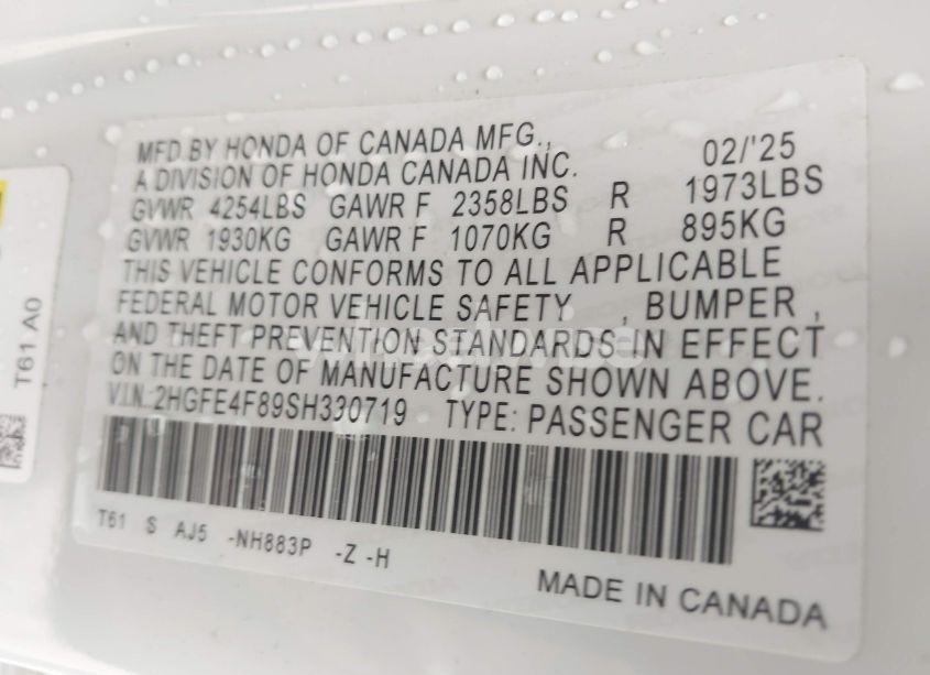 Photo 9 of 2025 Honda Civic HYBRID SPORT/SPORT TOURING (VIN 2HGFE4F89SH330719)