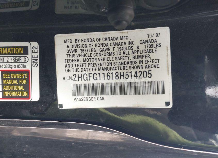 Photo 9 of 2008 Honda Civic LX (VIN 2HGFG11618H514205)