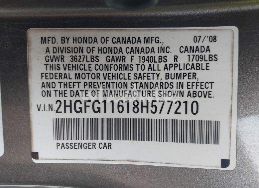 Photo 9 of 2008 Honda Civic LX (VIN 2HGFG11618H577210)