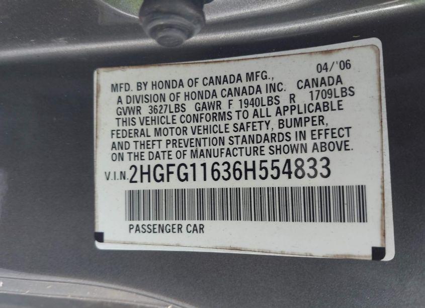 Photo 9 of 2006 Honda Civic LX (VIN 2HGFG11636H554833)