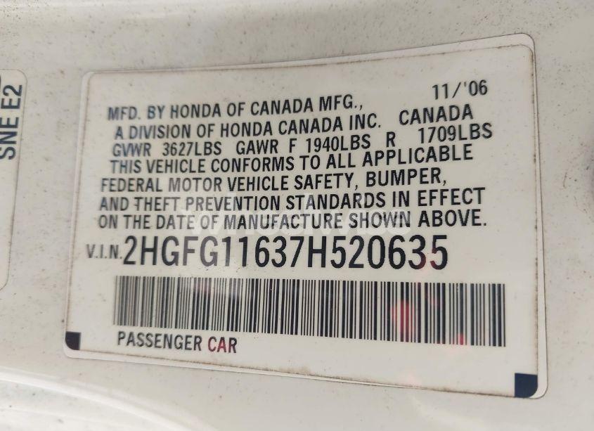 Photo 9 of 2007 Honda Civic LX (VIN 2HGFG11637H520635)