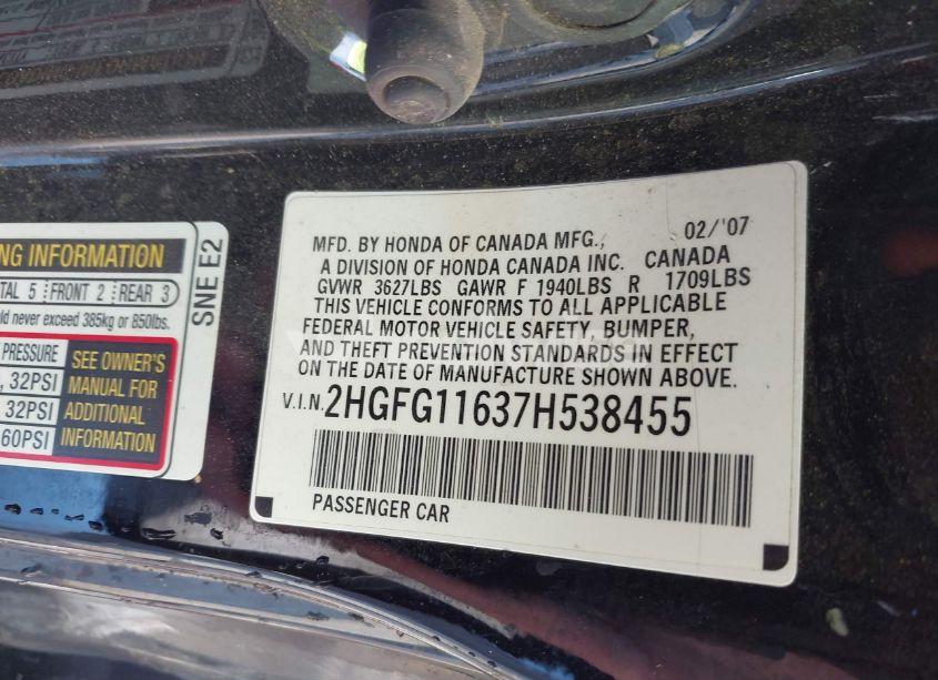 Photo 9 of 2007 Honda Civic LX (VIN 2HGFG11637H538455)