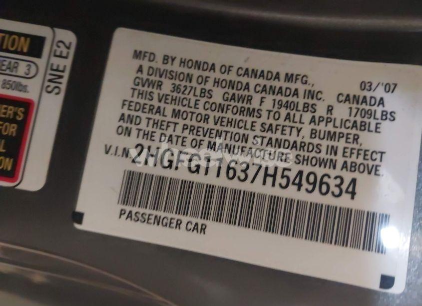 Photo 9 of 2007 Honda Civic LX (VIN 2HGFG11637H549634)