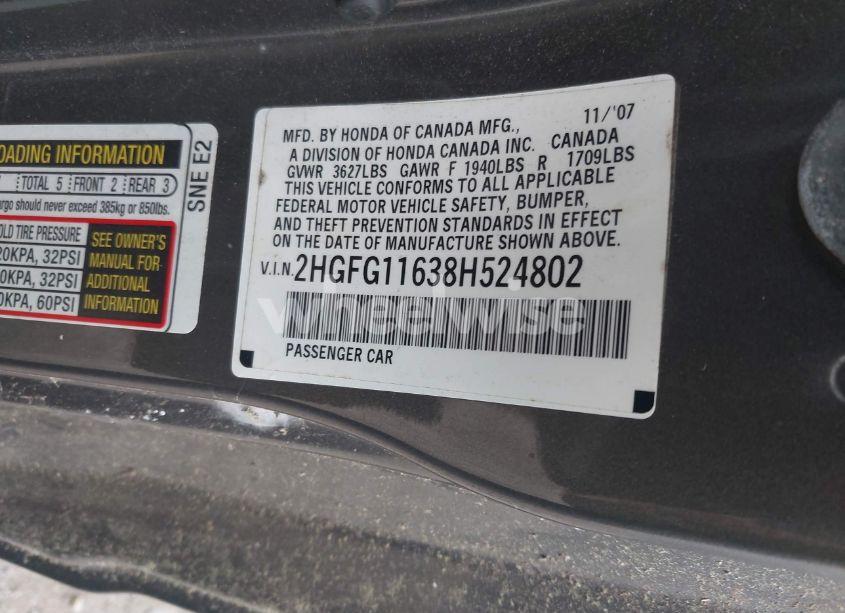 Photo 9 of 2008 Honda Civic LX (VIN 2HGFG11638H524802)