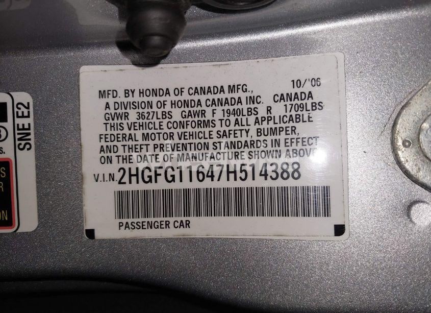 Photo 9 of 2007 Honda Civic LX (VIN 2HGFG11647H514388)