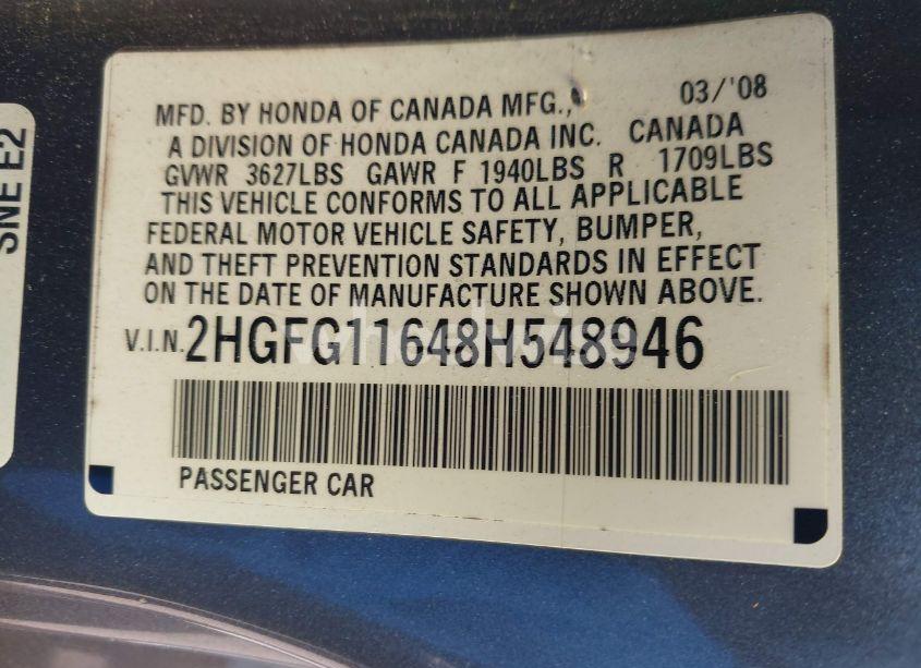 Photo 9 of 2008 Honda Civic LX (VIN 2HGFG11648H548946)