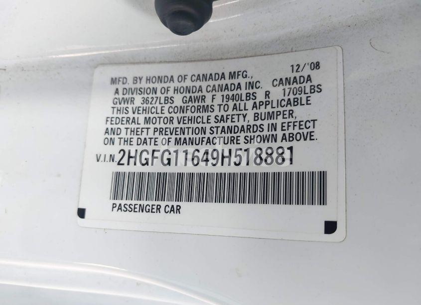 Photo 9 of 2009 Honda Civic LX (VIN 2HGFG11649H518881)