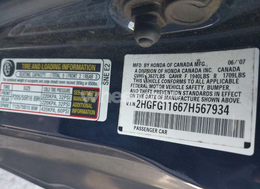 Photo 9 of 2007 Honda Civic LX (VIN 2HGFG11667H567934)