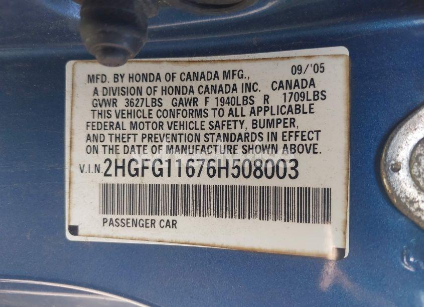 Photo 9 of 2006 Honda Civic LX (VIN 2HGFG11676H508003)